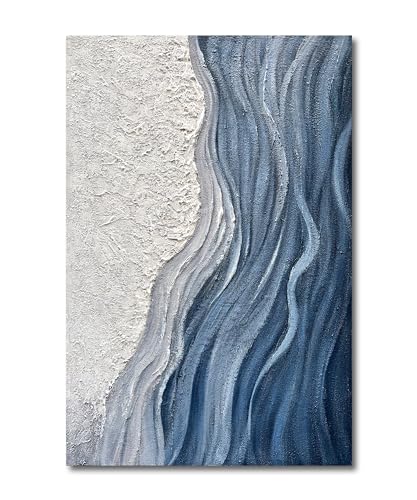 Art Hand-Painted Blue and White Texture Abstract Art Oil Painting Modern Art Oil on Canvas Large Wall Art Deco 45x30 inches - color: Yi049