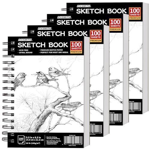 FIXSMITH 5.5"X8.5" Sketch Book, 400 Sheets (68 lb/100gsm) Sketchbook | Acid Free Drawing Paper | Spiral Bound Artist Sketch Pad | for Kids, Beginners, Artists & Professionals | Bright White - color: Black, size: 5.5"x8.5"-4 Pack
