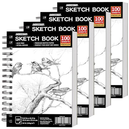 FIXSMITH 5.5"X8.5" Sketch Book, 400 Sheets (68 lb/100gsm) Sketchbook | Acid Free Drawing Paper | Spiral Bound Artist Sketch Pad | for Kids, Beginners, Artists & Professionals | Bright White - color: Black, size: 5.5"x8.5"-4 Pack