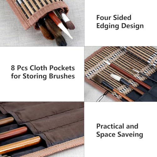 Paint Brush Roll, Bamboo Paint Brush Bag, 4 Sided Edging Paintbrush Storage Bag, 11.8x14in Art Paints Brushes Roll Up Case with 9Pcs Cloth Pockets for Paintbrushes Storage