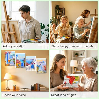 Lanzeyo 4 Pcs Paint by Numbers Kits for Adults Framed Canvas with Wooden Easel DIY Mediterranean Landscape Oil Paintings Kits Paint by Numbers on Canvas Wall Art (8x12 inch) - color: 02 Landscape