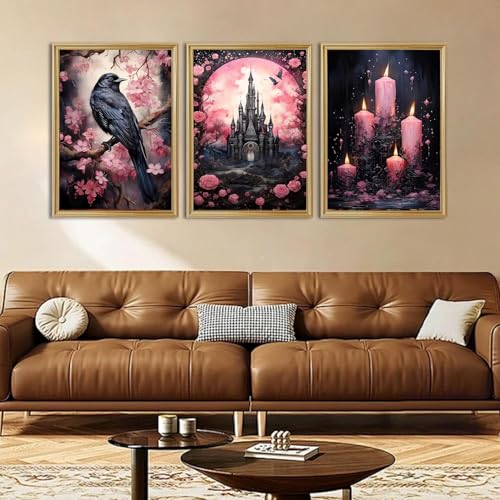 DAZZLEDOTS Diamond Art Kits for Adults, 3 Pack Pink Diamond Painting Kits for Beginner DIY Crow Castle and Candle 5D Full Drill Diamond Dots Crafts for Home Wall Decor Gifts 12x16 Inch - color: DD108