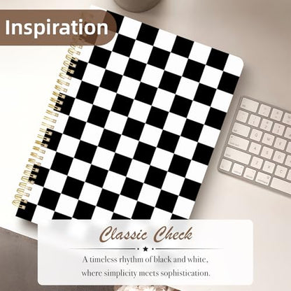 Cute Spiral Notebook journal A4 Aesthetic Pretty Design for Women Girls Kawaii with Pocket, 8.5 x 11 inch, Lined, Black Plaid - color: Black Plaid, style: Lined