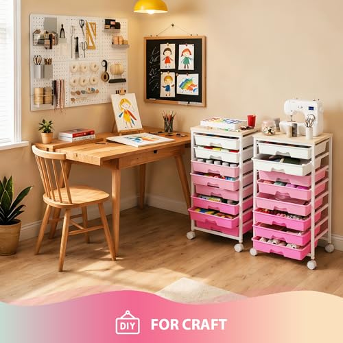 Goovilla Rolling Cart with 8 Drawers for Art, Dorm, Office, Craft, Pink | Utility Cart Organizer With 8 Removable Drawers and Wooden Tabletop, Lockable Rolling Storage Organizer for Classroom, Home - size: Pink