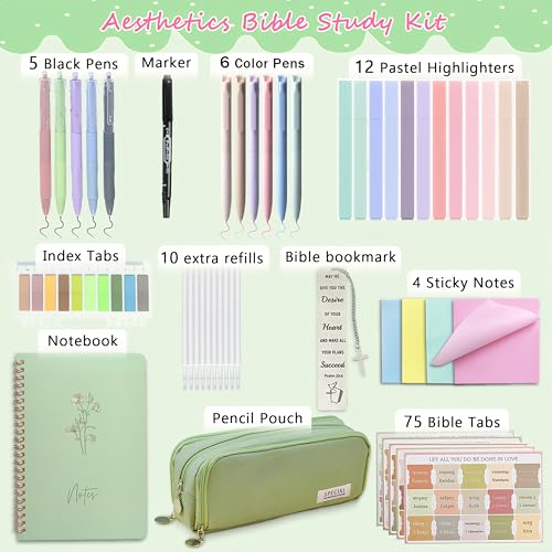 SHINYHARBOR 47Pcs Bible Study Journaling Supplies Kit for Women, Green - color: Green