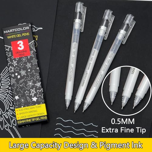 MARTCOLOR White Gel Pens, 3 Pack 0.5mm Extra Fine Point White Gel ink Pens | Opaque Archival Ink Pen for Black Paper Drawing, Art Highlight, Illustration, Bullet Journaling, Card Making & DIY Projects - style: White - 0.5mm