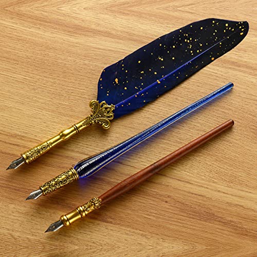 Joyeee Antique Quill Pen Set, with Quill Nibs, Glass Dipped Pen, Wooden Dip Pen, Fire Lacquer Wax Beads, Spoon, Seal Stamp, Pen Base, Cup & Ink Set, Best Gifts for Men & Dad #84 - color: Grey