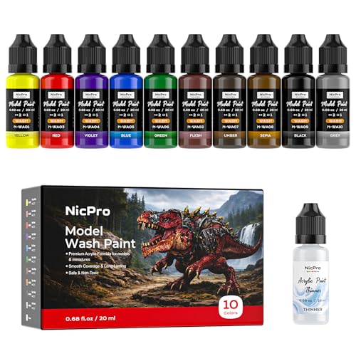 Nicpro 10 Colors Acrylic Model Wash Paint Set, 20ml Ready to Use Washes | Brush & Airbrush Compatible Miniature Paint Set for Models, Wargaming Figures, Dioramas, Terrain & Weathering, with 1 Thinner - style: Wash Color