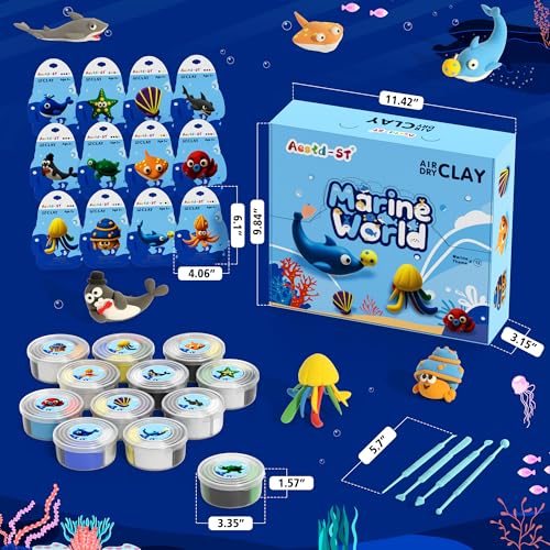 Aestd-ST Air Dry Clay Kit - Ocean Theme, Modeling Clay for Kids | DIY Magic Clay with Sculpting Tools and Tutorials, 12 Boxes Molding Clay, Soft & Non-Sticky, Arts and Crafts Gift for Kids - color: Marine World