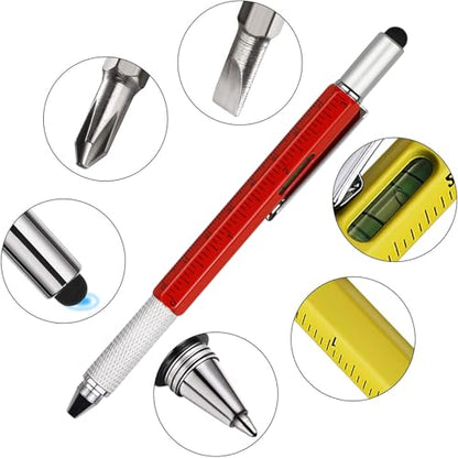 DUNBONG 6-in-1 Multi Tool Pen, Stylus & Screwdriver, 0.7mm Black Ink - Red | Aluminum prismatic non-slip grip | Rotary no-cap design | Ruler & level built-in | Refillable | Long-lasting clip - color: Red