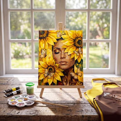 Cholemy 8 Set Paint and Sip Kit for Adults 8'' x 10'' Pre Drawn Canvas with Wooden Easels Acrylic Paint Brushes Wash Cup Palette Apron for Painting DIY Date Night Party Supplies(Sunflower Woman) - style: Sunflower Woman