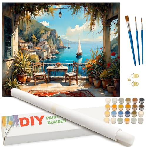 Coastal Scene Paint by Numbers Kit for Adults - DIY Mediterranean Balcony with Sailboats and Flowers Painting on Rolled Canvas 16x20In, Acrylic Paint Set for Beginners, Art for Home Decor or Gifts - color: HSX01857, size: 16X20IN Rolled