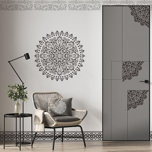Sitsink Mandala Stencils for Crafts Reusable - 9 Pcs Border Stencils for Wall Decor Large Mandala Pattern Template Home Decor Furniture Rug Table Painting - style: border with mandala