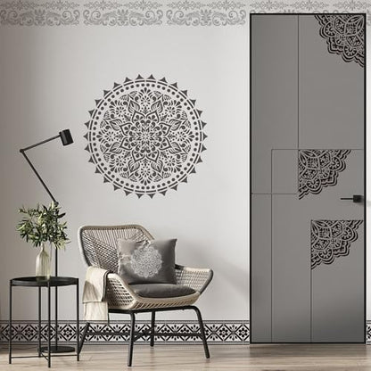 Sitsink Mandala Stencils for Crafts Reusable - 9 Pcs Border Stencils for Wall Decor Large Mandala Pattern Template Home Decor Furniture Rug Table Painting - style: border with mandala