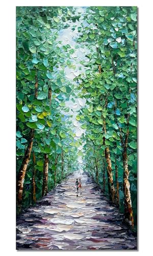 Alenoss Hand Painted Green Canvas Wall Art, Abstract Oil Painting on Canvas | Large Midsummer Forest Landscape Painting, 24x48 inches, Green, Vertical Wall Art for Living Room, Bedroom - color: AL-B102