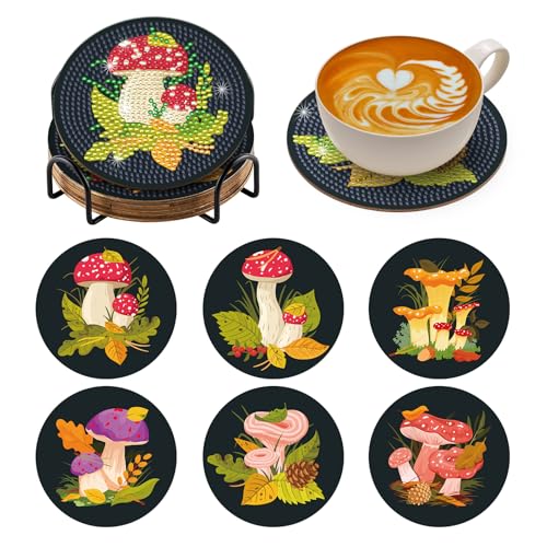 Zynlio Mushroom Diamond Paintings Coasters Kits Set with Holder,Diamond Art, DIY Diamond Crafts Coasters for Adults, Diamond Art Painting Kits for Women, Beginners, Diamond Craft Supplies (Mushroom) - color: Mushroom