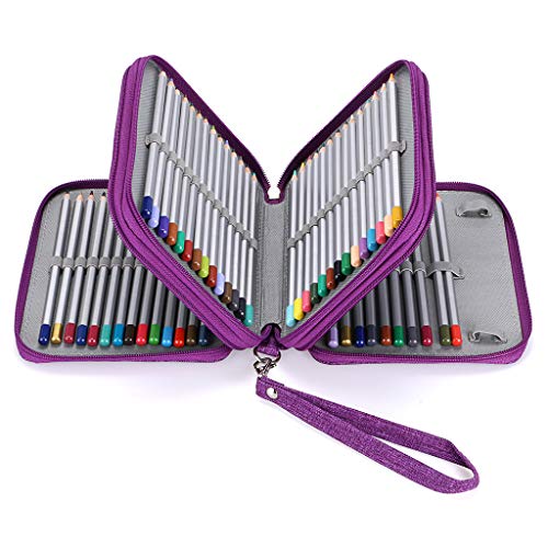BTSKY Zippered Pencil Case-Canvas 72 Slots Handy Pencil Holders, Purple | Portable Holder for Prismacolor Watercolor Pencils, Crayola Colored Pencils, Marco Pencils for Office and Travel - color: Purple