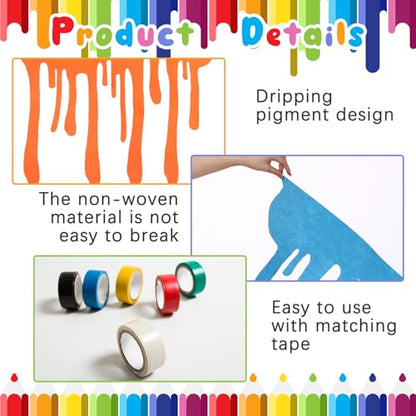 6 Pcs Art Party Table Skirt for Back to School Classroom Paint Party Decor 40 x 28 Inch Rainbow Paint Splatter DIY Back to School with Double Sided Tape for Cartoon Happy Birthday Supplies