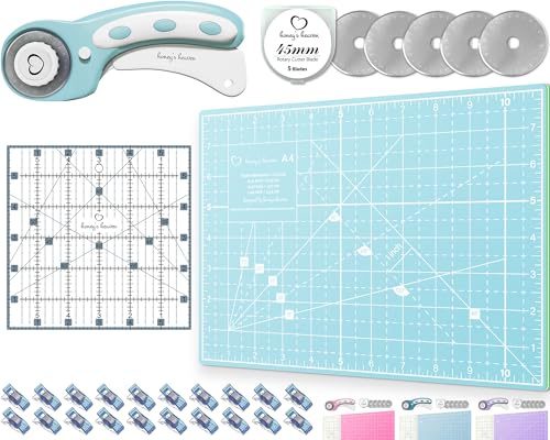 Rotary Cutter Set - Quilting Kit incl. 45mm Fabric Cutter, 5 Replacement Blades, A4 Cutting Mat, Acrylic Ruler and Craft Clips - Ideal for Crafting, Sewing, Patchworking, Crochet (Turquoise, A4) - color: Turquoise, size: A4 (11" x 8")