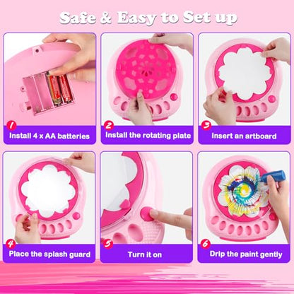 Spin Art Machine for Kids, Paint Spinner Arts & Crafts Gift Kit, Ages 4-12 | Includes machine, 36 artboards, 7 washable paints & splatter guard. Easy-clean, screen-free STEAM gift for girls & boys - color: Pink