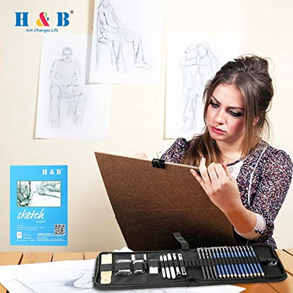 H & B 33 Pieces Drawing Pencils Set, Sketching Pencils Set & Drawing Kit, Includes Sketch Pad, Graphite Pencils, Charcoal Sticks and Eraser, Supplies for Artists/Beginner/Adults - size: 33 Piece Set