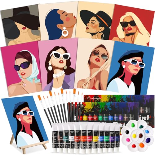 Cholemy 36 Pcs Paint and Sip Kit Gift for Adults 8''x10'',Modern Woman | Pre Drawn Canvas, Painting DIY Afro Acrylic Painting Kit, Wood Easel Brushes, Date Night Bulk, Summer Halloween Party - style: Modern Woman