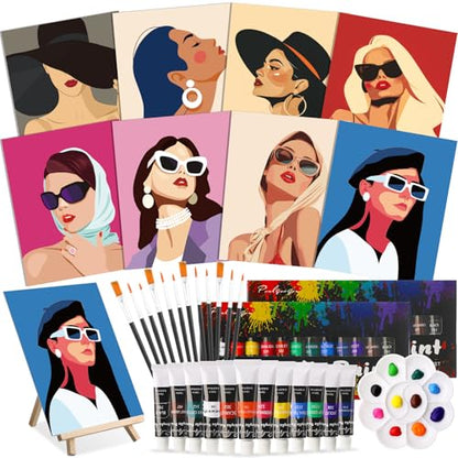 Cholemy 36 Pcs Paint and Sip Kit Gift for Adults 8''x10'',Modern Woman | Pre Drawn Canvas, Painting DIY Afro Acrylic Painting Kit, Wood Easel Brushes, Date Night Bulk, Summer Halloween Party - style: Modern Woman