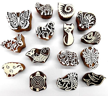 CraftsofIndia® Animals and Birds Wooden Blocks for Stamping, Block Printing on Textiles, Pottery Crafts,Henna, Wall Painting (Set of 15) - size: Pack # 100