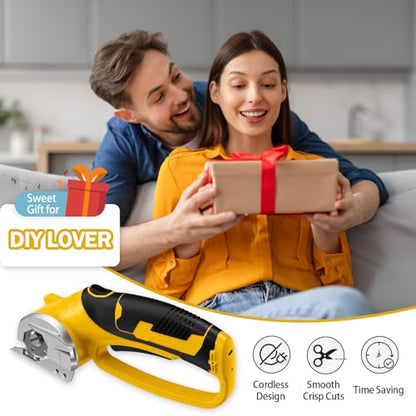 Cordless Electric Scissors, 4V Rechargeable Box Cutter & Cardboard Cutter with LED Light, Safety Lock - Rotary Cutter for Fabric, Leather, Carpet, Plastic, Crafting, Sewing with Storage Box(Yellow)