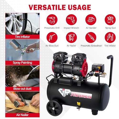 8 Gallon Quiet Oil Free Air Compressor With Air hose, Only 68dB, 2HP | Oilless Quiet Air Compressor, 4.2CFM, Max 120 PSI, 8 Gallon Air Tank for Car Repair, Spray Painting, Nailing With Air Hose