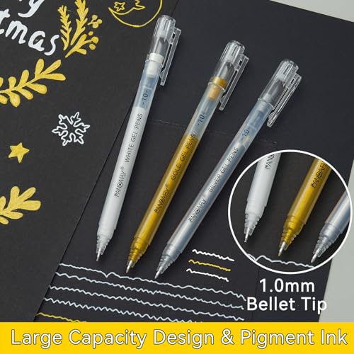 PANDAFLY Gold Silver White Gel Pens, 10-Pack, 1.0mm Fine Point Gel Ink Pens | 3 Colors Archival Ink Pens for Highlights, Black Paper Drawing, Sketching, Illustration, Card Making, Bullet Journaling - color: Multicolor