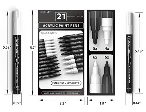 TOOLI-ART Black And White Acrylic Paint Markers Paint Pens Set For Rock Painting, Canvas, Mugs, Metal, Glass Paint, Fabric, Wood, DIY. Non Toxic, Quick Dry,Waterbas (EXTRA FINE & MEDIUM) - style: EXTRA FINE & MEDIUM