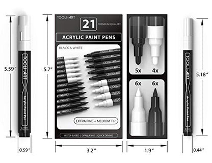 TOOLI-ART Black And White Acrylic Paint Markers Paint Pens Set For Rock Painting, Canvas, Mugs, Metal, Glass Paint, Fabric, Wood, DIY. Non Toxic, Quick Dry,Waterbas (EXTRA FINE & MEDIUM) - style: EXTRA FINE & MEDIUM