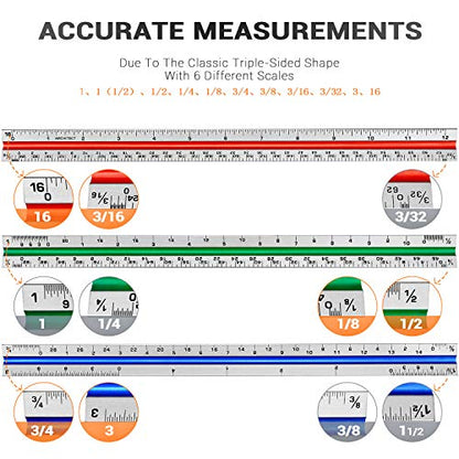 12" Architectural Scale Ruler Triangular Ruler, Color-Coded, 1 Pack | Aluminum Architect Scale Ruler for Architects, Draftsman, Students and Engineers - color: Tricolor