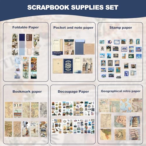Auguro World Travel Scrapbook Kit A6 Grid Notebook Stationery Junk Journal Kit Scrapbooking Supplies Kit Craft DIY Gift for Adult Teen Girl - color: black