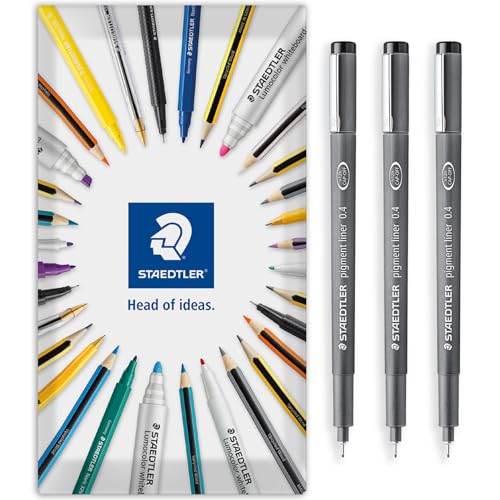 STAEDTLER 308 Pigment Liner Fineliner Pen - Ideal for Writing, Sketching, Technical Drawing, Marking Out - Black Ink - In Envelope Gift Packaging - 0.4mm Fine Nib Size - Pack of 3