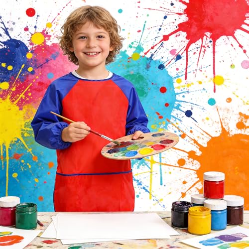 2 Pack Kids Art Smock Waterproof with Long Sleeve and 3 Roomy Pockets Artist Children Aprons for Toddlers Age 3-8 Painting Crafts（Red+Blue） - color: 2 Pack Red+blue
