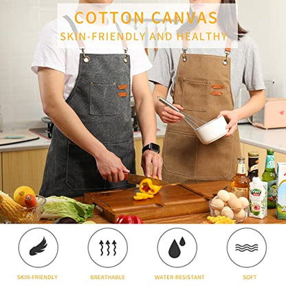 Tosewever Canvas Cross Back Chef Cotton Aprons for Men Women with Large Pockets - color: Grey