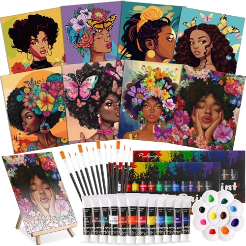 Cholemy 36 Pcs Paint and Sip Kit Gift for Adults 8''x10'',Flowers Woman | Pre Drawn Canvas, Painting DIY Afro Acrylic Painting Kit, Wood Easel Brushes, Date Night Bulk, Summer Halloween Party - style: Flowers Woman
