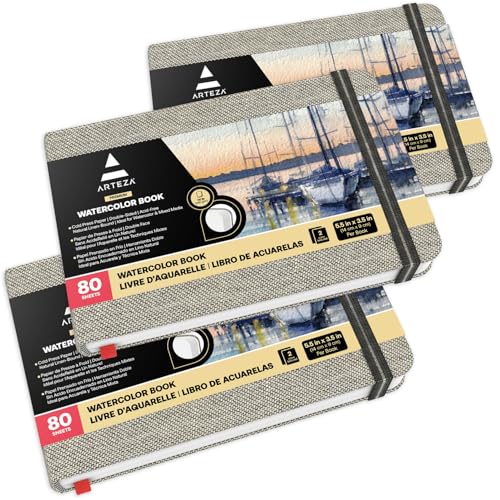ARTEZA Watercolor Book, Pack of 3, 80 Pages Each, 3.5x5.5 Inch Watercolor Notebook, 110lb/230gsm Water Color Paper - size: Pack 3