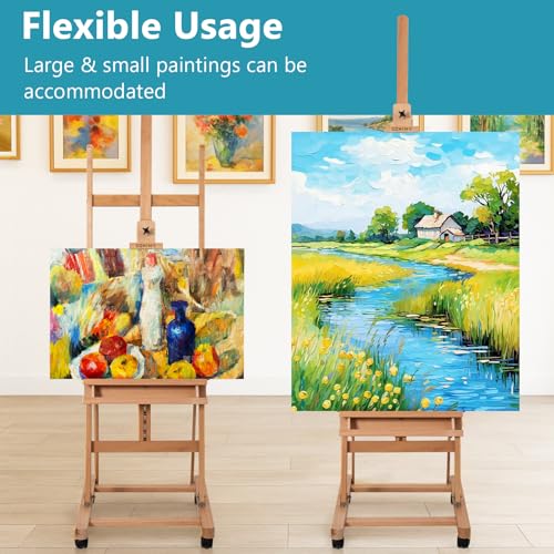 Beechwood H-Frame Artist Studio Easel with Wheels and Storage Tray, Natural | Adjustable Floor Easel Stand Holding Canvas up to 51Inches for Painting - style: Natural