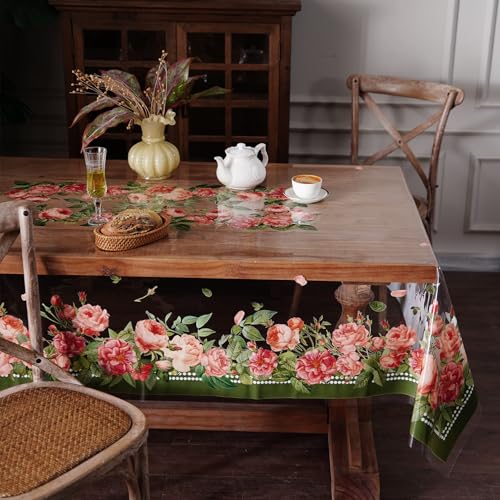 Clear Table Protector Cover Vinyl Rose PVC Tablecloth, 60"x84" | Dining Room, Kitchen Meals, Tabletop Protection, Easy Cleanup, Brunch, Parties, Holiday Gatherings, Everyday Use - color: Rose, size: 60" x 84" (Rectangular)
