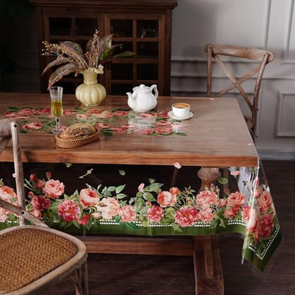 Clear Table Protector Cover Vinyl Rose PVC Tablecloth, 60"x120" | Dining Room, Kitchen Meals, Tabletop Protection, Easy Cleanup, Brunch, Parties, Holiday Gatherings, Everyday Use - color: Rose, size: 60" x 120" (Rectangular)