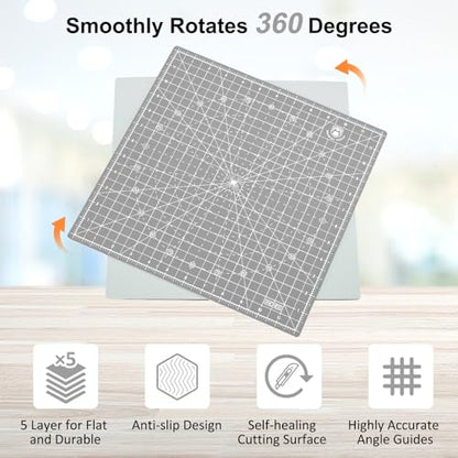 12"x12" Rotating Cutting Mat, Self Healing Mat with 360-Degree Rotation & Anti-Slip Base, Sewing Board Cutting Mat Perfect for Fabric Quilting Leather Hobby Project, Grey - color: Gray, size: 12"L x 12"W