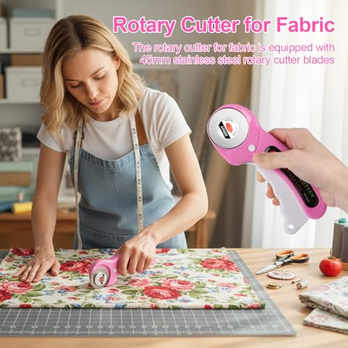 Rotary Cutter for Fabric, 45mm Rotary Cutters Kit with Extra 10 Blades | Ergonomic Rolling Cutter with Safety Lock, Suitable for Leather, Crafting, Sewing, and Quilting Fabric (Pink)