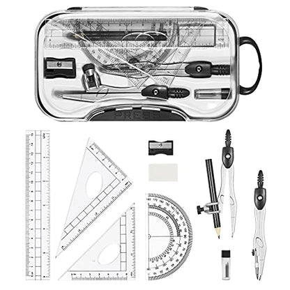Vobou 10 pcs Math Geometry Set Student Supplies,Compass Kit Set (Black） | Shatterproof Storage Box,Rulers,Protractor,Compass,Eraser,Pencil Sharpener,Lead Refills,Pencil,for School and Drawing - color: Black