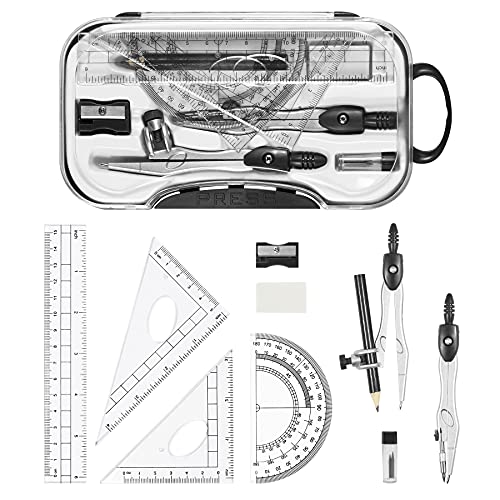 Unjoo Geometry Sets 10 Pcs Student Supplies, Protractor and Compass (Black) | Shatterproof Storage Box,Rulers,Protractor,Compass,Eraser,Pencil Sharpener,Lead Refills,Pencil,for Classroom, Back to School - color: Black