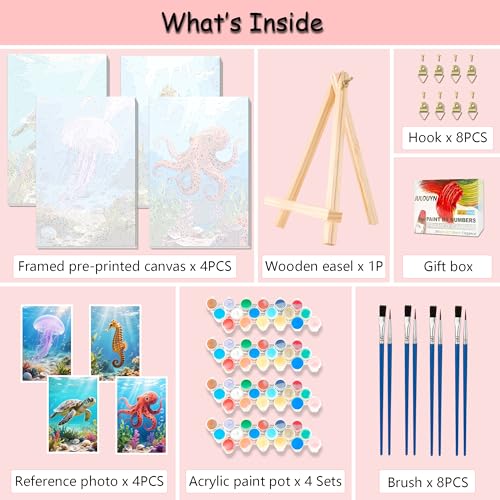 Muzagroo Art 4 Pcs Paint by Numbers Kits for Adults Framed Canvas with Wooden Easel DIY Sea Turtle Acrylic Oil Paintings Kits Paint by Numbers on Canvas Wall Art (8x12 inch) - color: Ocean