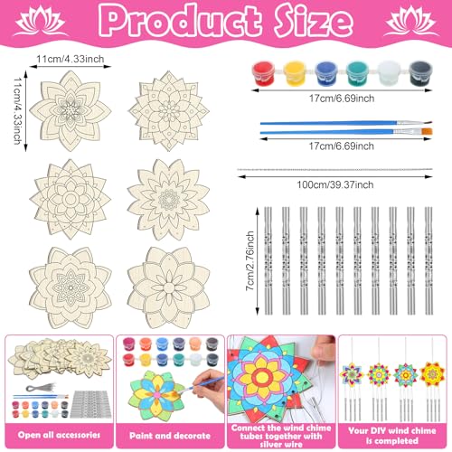 Silipull 24 Sets Lotus Mandala Wood Wind Chime Kit for Kids | Unfinished Wooden Chimes with Paints, Color Your Own Designs, School Projects, Party Crafts, Home Hanging Ornaments - style: Lotus