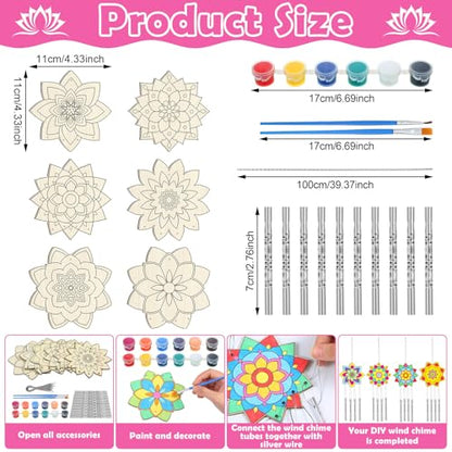 Silipull 24 Sets Lotus Mandala Wood Wind Chime Kit for Kids | Unfinished Wooden Chimes with Paints, Color Your Own Designs, School Projects, Party Crafts, Home Hanging Ornaments - style: Lotus